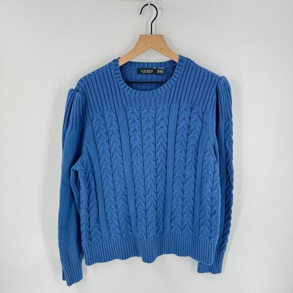 Lauren Ralph Lauren Black Label Cable Knit Puff Shoulder Sweater Blue Size 2X - Picture 1 of 7